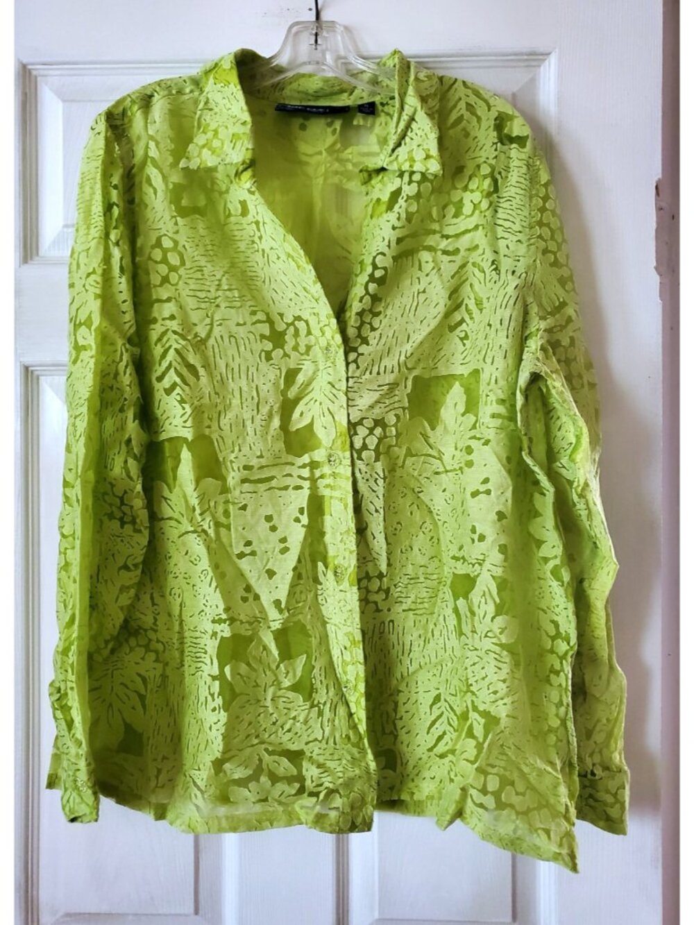 VINTAGE SUSAN GRAVER STYLE SHEER LACE GREEN FLORAL BUTTON UP BLOUSE SIZE XL NWOT